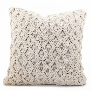 Funda de Cojín Hecha a Mano con Macramé de Algodón Ecológico, Estilo Boho, Tejida a Crochet, con Patrón Geométrico, Cuadrada, para Hogar u Hotel, 16x16 - Product Image 1