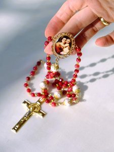 Collier de perles, chapelets, crucifix en hématite, perles de pierres précieuses, fynchenite, quartz rose, pierres naturelles, chapelet chrétien - Product Image 6
