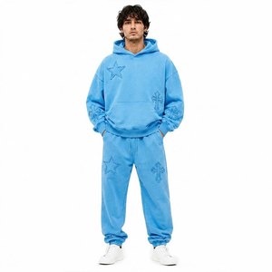Men 2 Piece Distressed Tracksuit Set Oversized Hoodie Jogger Raw Edge Star Cross Patch Fleece Custom OEM Wholesale Manufacturer - Product Image 2