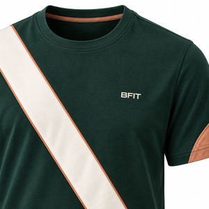 เสื้อยืดแขนสั้นคอกลมผู้ชาย สีเขียวเข้ม-เบจ ลายทางเฉียง ทรงปกติ สไตล์ลำลองสปอร์ต - Product Image 2