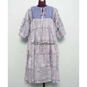 Vestido Mini 100% Algodón con Estampado de Bloques, Estilo Bohemio Casual, Sexy y Lujoso, Estilo Boho Simple, Maxi para Todas las Temporadas: Primavera, Verano, Otoño - Product Image 1