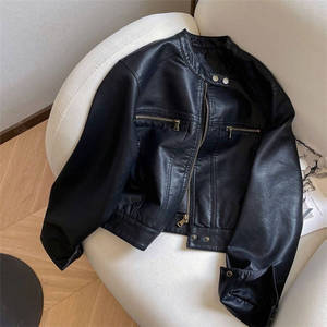 Chaqueta de Motociclista Corta para Mujer, de Cuero Vacuno Marrón, Estilo Vintage, Resistente al Viento, con Cuello Alto y Cierre de Cremallera - Product Image 5