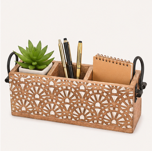 Porte-couverts artisanal en bois de manguier à 3 compartiments avec poignées en fer, support rustique en bois pour ustensiles de cuisine et de table - Product Image 6