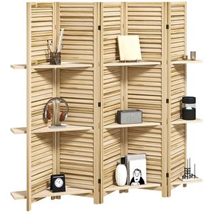 Separador de ambientes de madera natural de 5 paneles y 67 pulgadas de alto con 3 estantes y almacenamiento plegable para dormitorio u oficina - Product Image 1