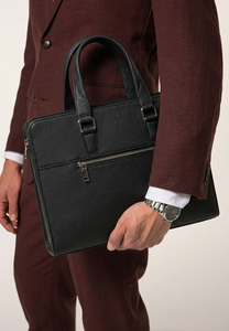 Maletín Portaordenador Portátil de Cuero Genuino, Clásico, de Lujo, Impermeable, Negro, Profesional, con Bolsillo Frontal con Cierre - Product Image 5