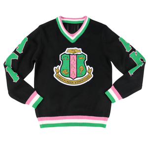 Pull en laine noir à col en V AKA avec bordure rose et verte, pull tricoté pour femmes de la sororité grecque, doux, chaud, élégant, coupe décontractée, idéal pour tous les jours - Product Image 1