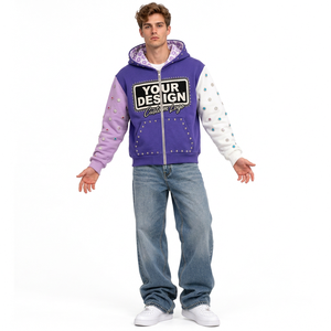 Sudadera con capucha para hombre, estilo urbano, con bloques de color personalizados, efecto desgastado, de algodón pesado, con cremallera, bordada, informal y a la moda. - Product Image 1