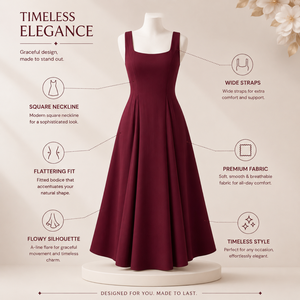 Robe longue de luxe bordeaux coupe trapèze pour femme |   Robe de soirée élégante à col carré sans manches |   Cocktail de soirée vintage pour mariage - Product Image 5
