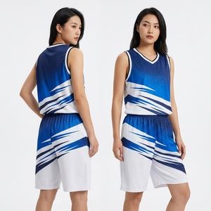 Ensemble de maillots de basket-ball sublimés personnalisés pour hommes, sans manches, col en V, polyester respirant, dégradé bleu et blanc, vêtements de sport - Product Image 2