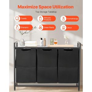 Cesto portabiancheria a 3 sezioni autoportante con ampia struttura in metallo e piano in legno, per organizzazione e contenimento - Product Image 6