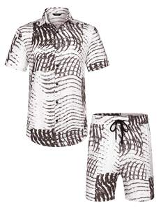 Chemise à manches courtes pour hommes, blanche et noire, à rayures abstraites, motif zèbre, à revers, boutonnée, avec short assorti, ensemble 2 pièces, tenue décontractée - Product Image 6