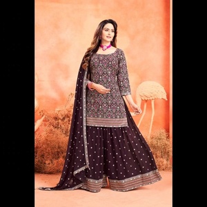 Trajes Palazzo estéticos indios bordados para mujer con diseño de dobladillo y Dupatta - Product Image 2