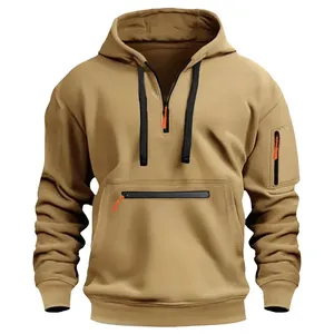 Men's <b>White</b> Hooded <b>Quarter</b> <b>Zip</b> Fleece Lined Front Logo Sweatshirt Regular Fit Solid Color Casual Knitted Pocket Design Winter - Product Image 4