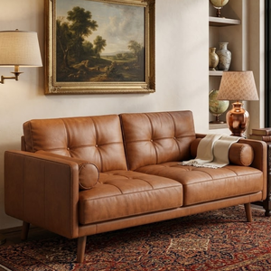 Mid Century <b>Modern</b> Genuine Leather <b>Sofa</b> with Tufted Cushions for Stylish Living Room Interiors Leather <b>Sofa</b> with Bolster Pillows - Product Image 2