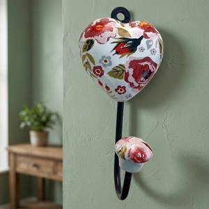 Ba Ceramic Heart Shape Wall <b>Hook</b> With Floral Design For Home Decor - Product Image 1