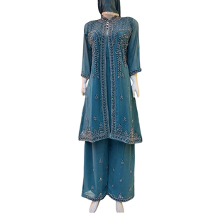 FAMUCAAS Woman Dress Set Teal Georgette Salwar/Plazo/Sharara Kameez With Hand Embroidery Indian Pakistani Ethnic Quick Dry All - Product Image 1