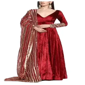 Elegant Red Velvet Maxi Dress With Embroidered Striped Dupatta V-Neck Long Sleeve A-Line Party Wear - Product Image 1