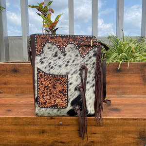 Women's Western Floral Hand Tooled Leather Cowhide Shoulder Purse Hair on Genuine Leather Concealed Carry Concho Messenger Bags - Product Image 3