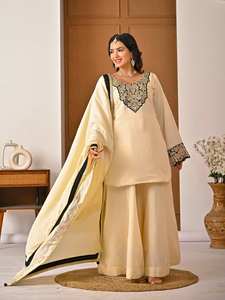 Conjunto de Top de Seda Romana con Bordado de Diamantes y Mangas Largas, Combinado con Sharara Palazzo y Dupatta con Borde de Encaje Elegante - Product Image 6