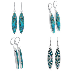 Pendientes Colgantes Gourik Vintage con Bisel y Turquesa Natural Cobre Corte Marquesa, Plata de Ley 925, Joyería para Mujer - Product Image 1