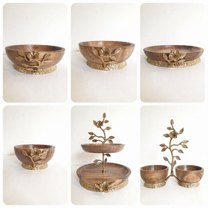 Nuevo Diseño, Tazón de Madera para Servir Frutas con Acento Floral Dorado, Tazón Decorativo para Servir Aperitivos y Ensaladas en Venta - Product Image 1