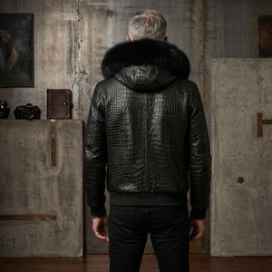 Veste en cuir à motif crocodile pour homme, col en fourrure, fermeture éclair, veste bomber, vêtements d'extérieur décontractés pour l'hiver - Product Image 2