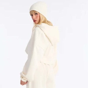<b>Womens</b> Cream Hooded Crop Sweatshirt Full Sleeve Fleece Casual Autumn Wear Custom High Quality <b>White</b> Cotton French Terry Blank Cr - Product Image 2