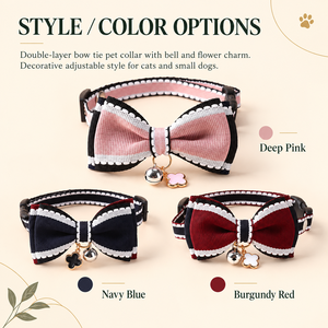 Collier pour animaux de compagnie réglable à double couche avec nœud papillon, clochette et breloque fleurie en polyester pour chats et petits chiens - Product Image 2