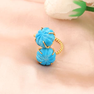 Anillo ajustable de latón chapado en oro de 18k con piedra turquesa azul, tallado a mano, doble piedra, banda retorcida, anillo abierto, joyería de moda. - Product Image 2