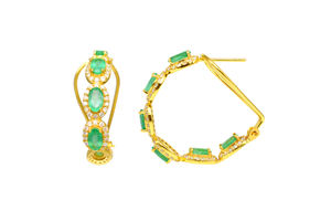 Boucles d'oreilles créoles en or véritable 14 carats avec halo de diamants et fermoir à loquet, émeraudes ovales de Zambie 5x3mm, bijoux de mariée, vente en gros, OEM ODM - Product Image 5