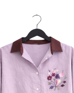 Women Lavender Embroidered Shirt And Burgundy Wide Leg <b>Pants</b> Two Piece Set Casual Cotton Linen Outfit Loose Summer Clothing OEM - Product Image 6