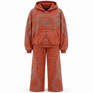 Women <b>Orange</b> Washed <b>Hoodie</b> Jogger Set Rhinestone Detail 100% Cotton Breathable Eco-Friendly Casual Sportswear Streetwear - Product Image 1