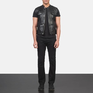 <b>Men's</b> <b>Black</b> Faux Leather Moto <b>Vest</b> Stand Collar Zipper Closure Regular Fit Solid Color Outerwear - Product Image 1