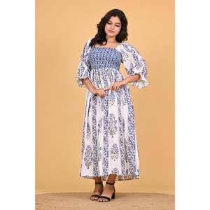 Robe longue maxi indienne 100 % coton imprimée au bloc, style bohème smocké, pour femme, motif floral, idéale pour l'été et l'automne, tenue de soirée - Product Image 2