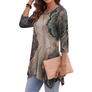 Haut bohème moderne pour femme en rayonne, motif graphique, col rond, ourlet asymétrique, grande taille, gris marbré - Product Image 3