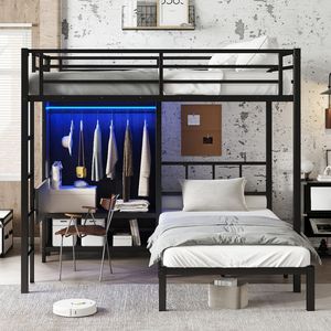 Letto a Castello in Metallo Nero Full XL su Misura con Scrivania Pieghevole e Armadio con LED, Salvaspazio e Silenzioso per Bambini - Product Image 2