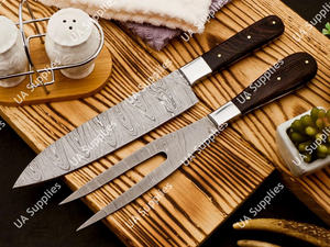 Ensemble de couteaux de chef en acier damas forgé à la main de qualité supérieure, 2 pièces, motif unique avec manche en bois, fourchette à viande, outils de cuisine et de barbecue - Product Image 4