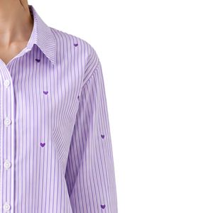 Camisa de Mujer Personalizada con Botones, Rayas Blancas y Moradas Lavanda, Blusa de Algodón de Manga Larga con Bordado de Corazón, Corte Holgado, Estilo Casual - Product Image 4
