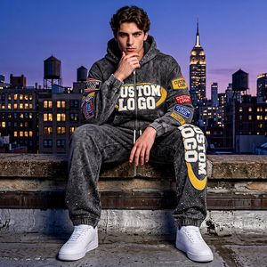 Ensemble sweat à capuche et pantalon de survêtement 100 % coton délavé pour homme – Coordonnés de mode urbaine surdimensionnés et épais personnalisés - Product Image 1
