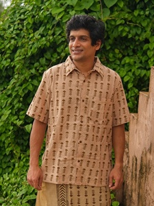 Hand-Block Printed Men Short Kurta Premium Breathable Organic Cotton Fabric Relaxed Fit Classic Collar <b>Half</b>-Sleeves <b>Shirt</b> - Product Image 2