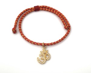 Adjustable <b>Red</b> Braided Cord Wrap <b>Bracelet</b> with 18K Gold Plated Om Charm Rhinestone Pendant for Religious Ceremonies Unisex - Product Image 1