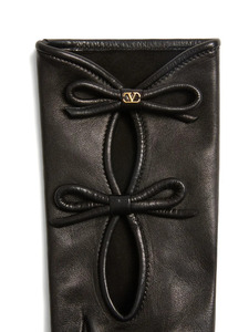 Women's black Leather fashion <b>Gloves</b> with bow and cut out detailing - Product Image 2