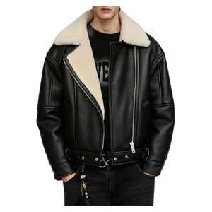 Unisex Black Sheep Skin Leather Shearling Biker <b>Jacket</b> Winter Warm Sherpa <b>Lined</b> Motorcycle Aviator Zipper OEM Service Nonwoven - Product Image 3