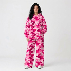Conjunto de Sudadera Holgada de Forro Polar para Mujer, Sudadera con Capucha de Camuflaje y Pantalones, Chándal de Dos Piezas, Manga Larga, Pantalones Anchos - Product Image 3