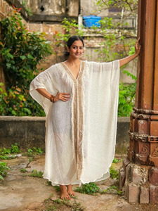 Nuevo y elegante vestido caftán de algodón Khadi, túnica artesanal étnica con cuello en V, estilo oversized, hecho a mano, para estar en casa, maxi, para mujer. - Product Image 1