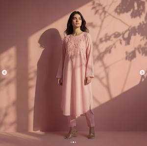 Pink <b>Silk</b> <b>Kurta</b> Set Regular Fit Floor-Length Modest Ethnic Wear Women India Pakistan Formal All Seasons Sun Protection Quick Dry - Product Image 1