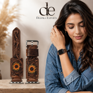 Luxury Designer High-end Hand Boho Western Floral Design Hand Tooled Leather Watch Band Soft Replacement Leather Watch <b>Straps</b> - Product Image 6