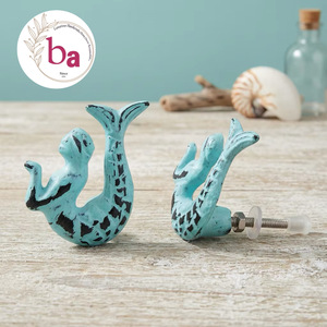Ba <b>Mermaid</b> Cast Iron Cabinet Knobs Blue Distressed Waterproof Easy Installation Shelf Supports Connectors - Product Image 1