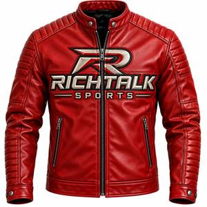 <b>Men's</b> <b>Red</b> Genuine <b>Leather</b> Eco-Friendly Moto <b>Jacket</b> Stand Collar Zipper Front Logo Slim Fit Winter Style - Product Image 1