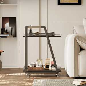 Industrial Wood Bar Cart 3-Tier Rolling Kitchen Island <b>Serving</b> <b>Trolley</b> with Wine Glass Rack Metal Frame Mobile Coffee Wine Cart - Product Image 3